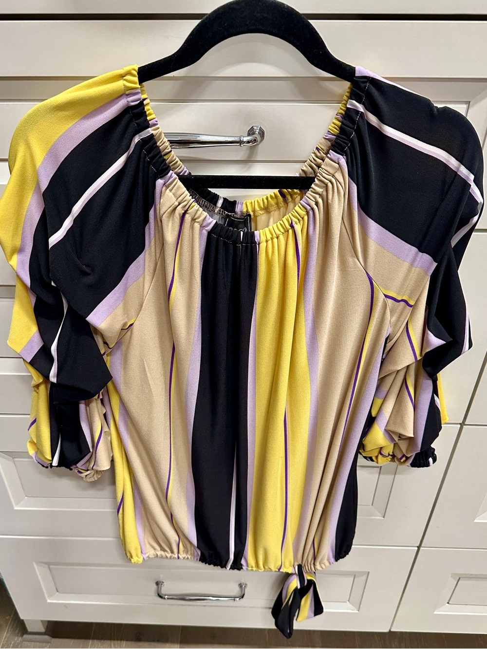 Coco Bianco Yellow Black Lavender Striped Peasant Blouse